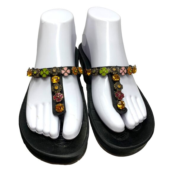 Albano Black Satin Leather Bejeweled Toe Post‎ Sandals - Picture 6 of 11